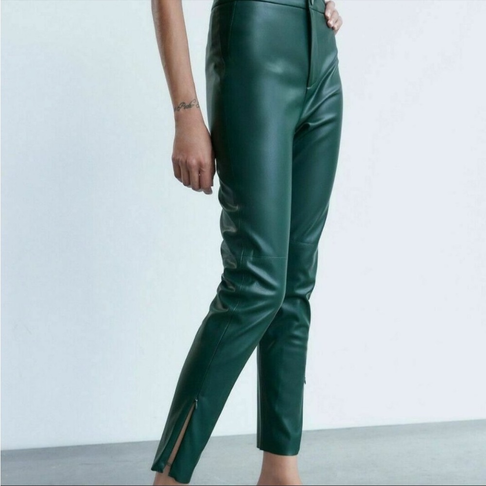ZARA Faux Leather High-Waisted Blogger's Favorite Green Leggings - Picture 2 of 3